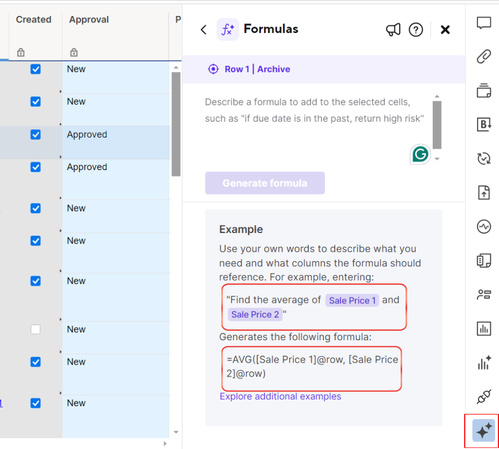 Example of Smartsheet AI Generative Formulas